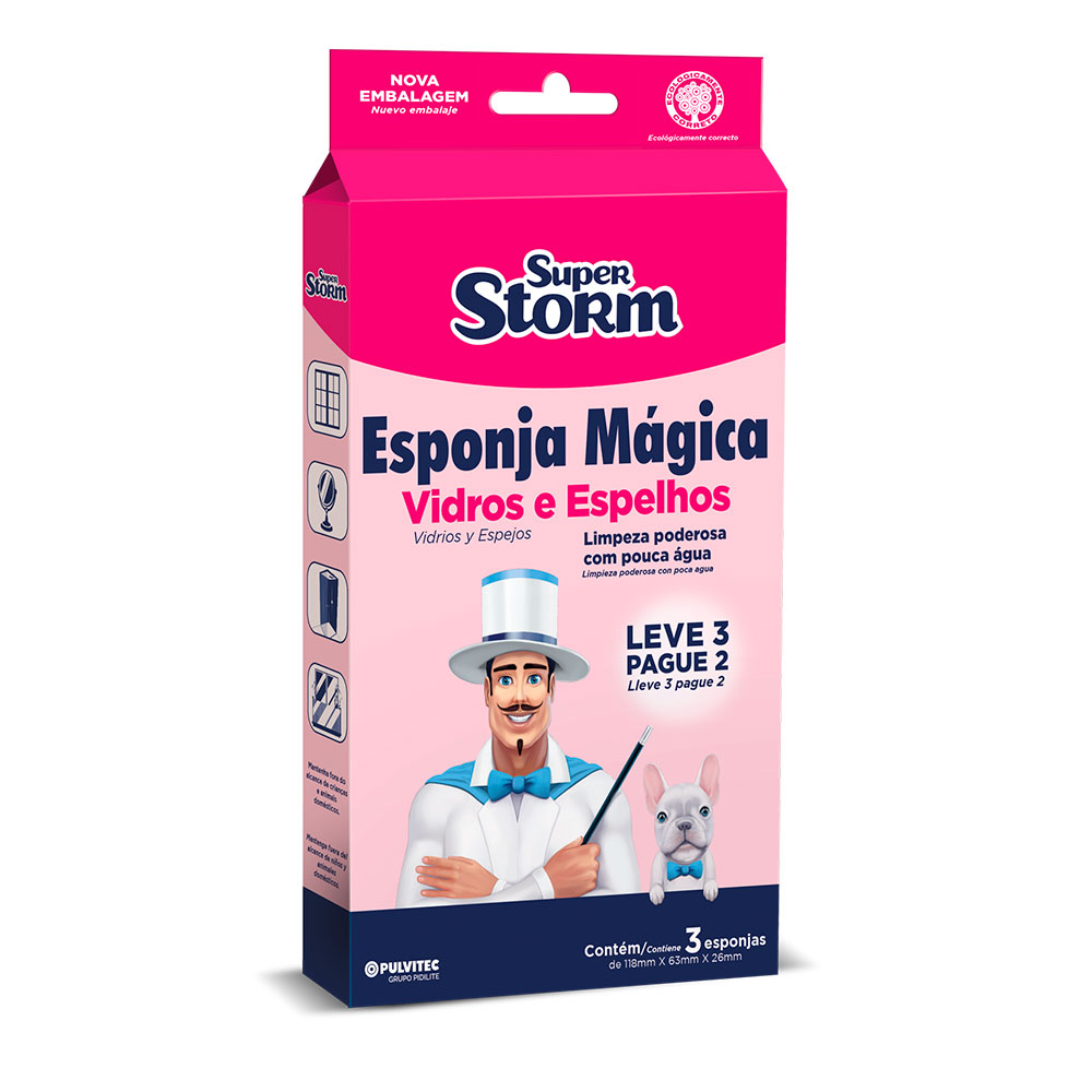 Esponja Mágica Super Storm Vidros e Espelhos Pulvitec 3 Unidades