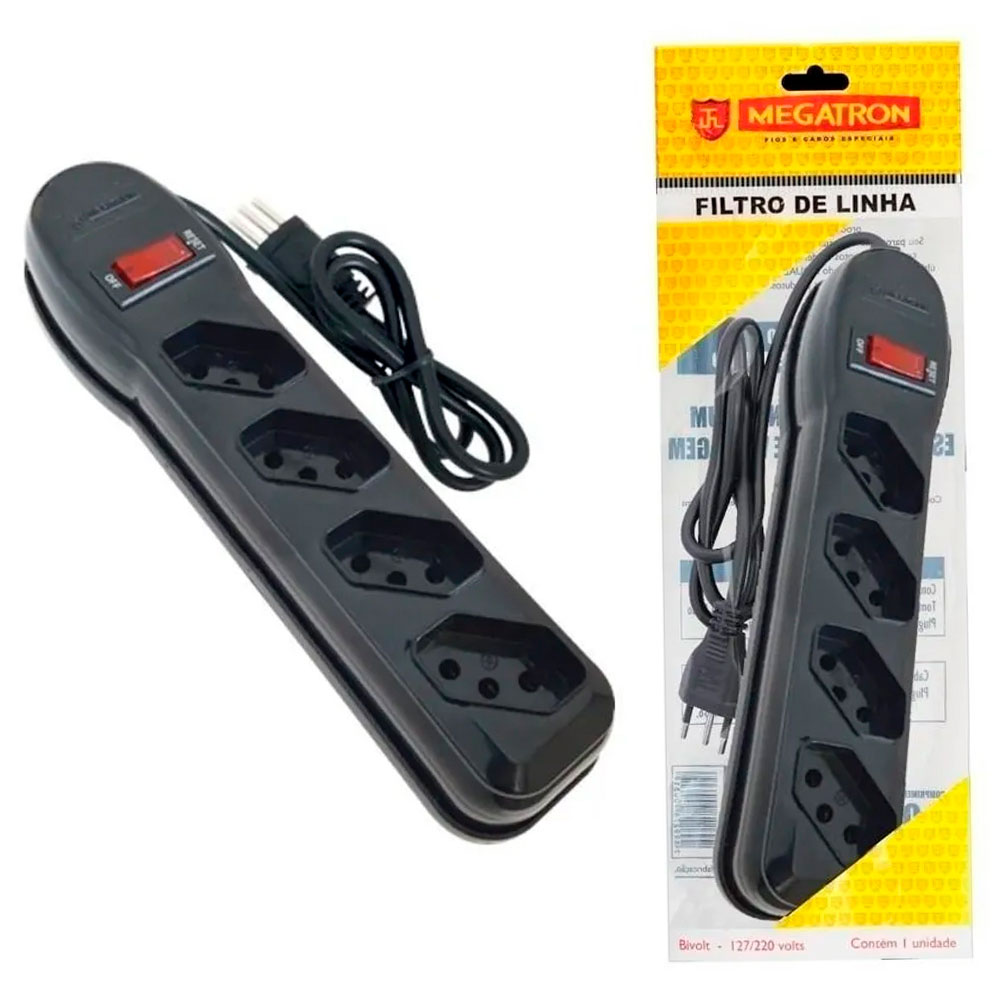 Filtro de Linha com 4 Tomadas Preta Megatron Circuit Breaker 1M Bivolt