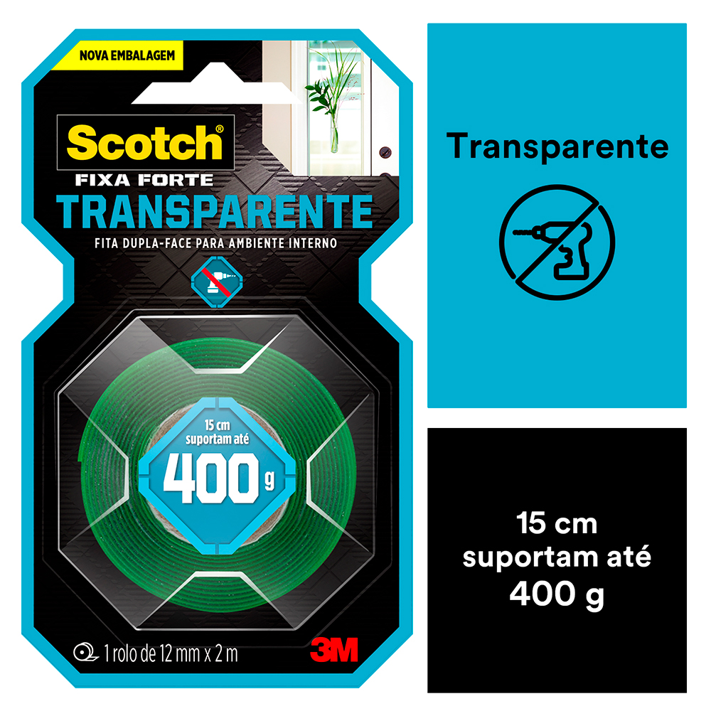 Fita Fixa Forte VHB Dupla Face Transparente 3M - 12mmx2m