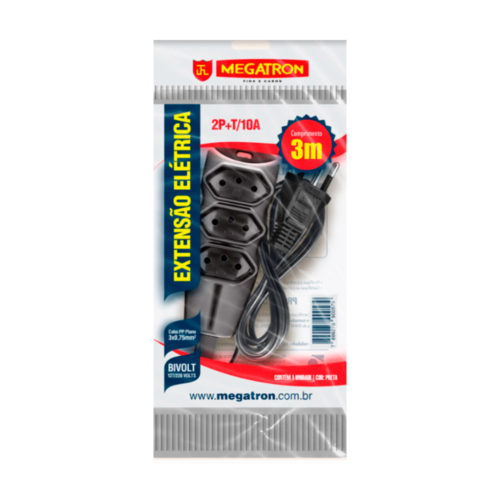 Extensão Elétrica 3 Tomadas 2P+T Preta Megatron 10A 3M
