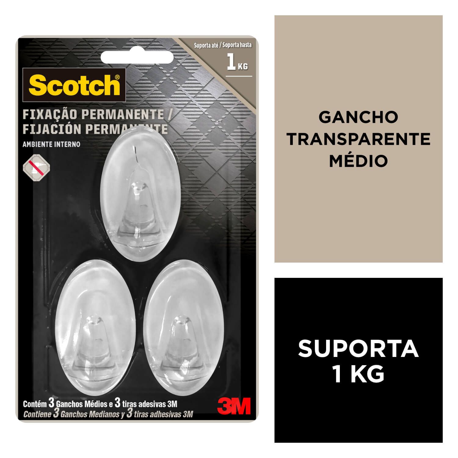 Gancho Adesivo de Plástico Incolor Scotch 3M até 1kg