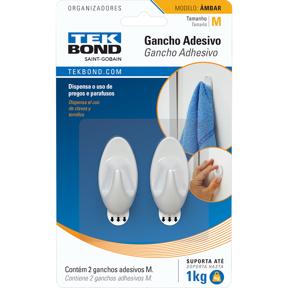Gancho Adesivo de Pl&aacute;stico 2 Pe&ccedil;as Branco Tekbond