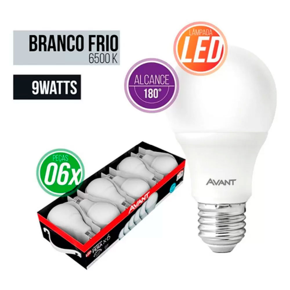 Lâmpada Pera Led 9W Branca Bivolt E27 Avant 6 Unidades
