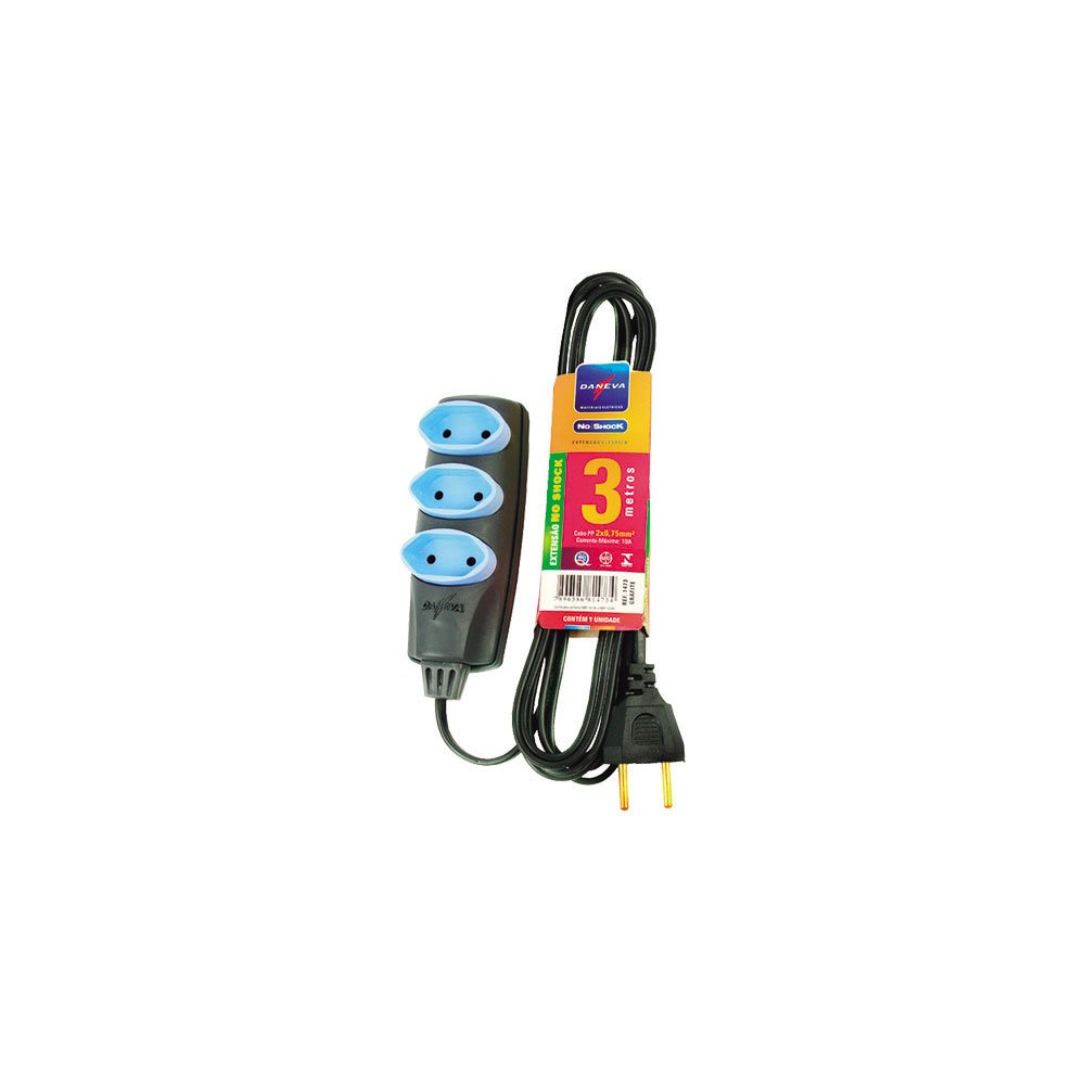 Extensão Elétrica 3 Tomadas 2P Preto/Azul Daneva 10A - 3m