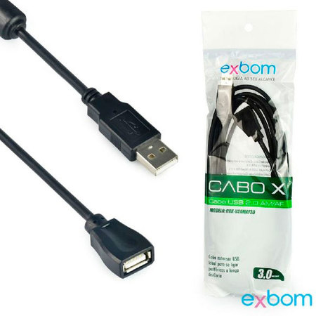 Cabo Extensor USB 2.0 Macho x Fêmea Preto Exbom 3m